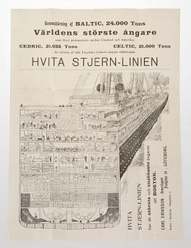 BROSCHYR. "HVITA STJERN LINIEN", "WHITE STAR LINE", Generalagent Carl Eriksson, Göteborgs Litografiska Aktiebolag, 1907.