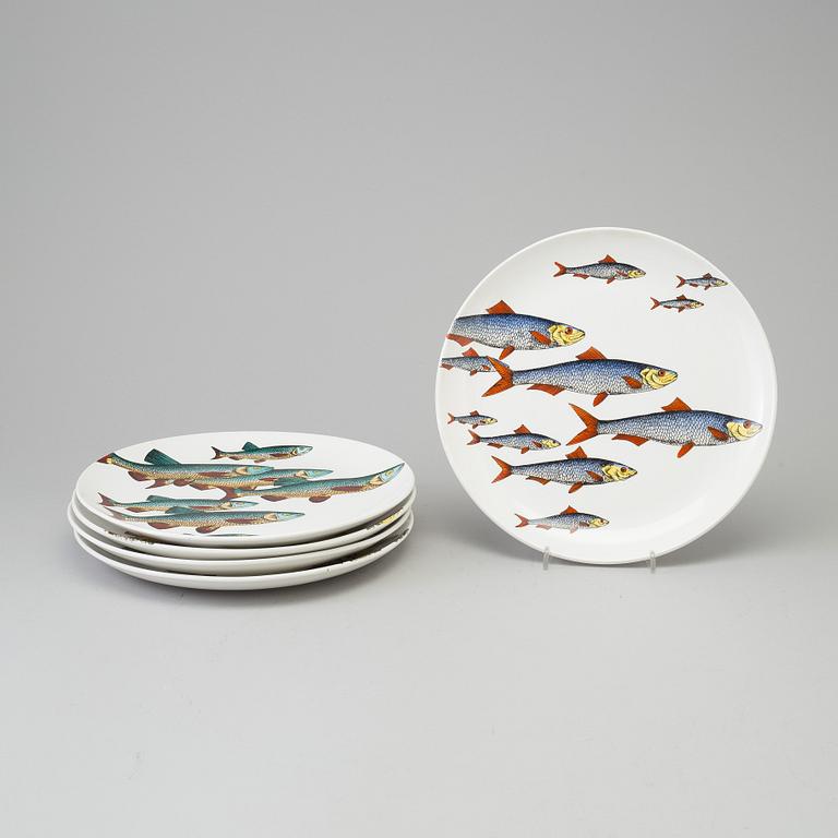 FORNASETTI, five porselain 'Pesci' fish plates from Fornasetti, Milan, Italy, 1955.