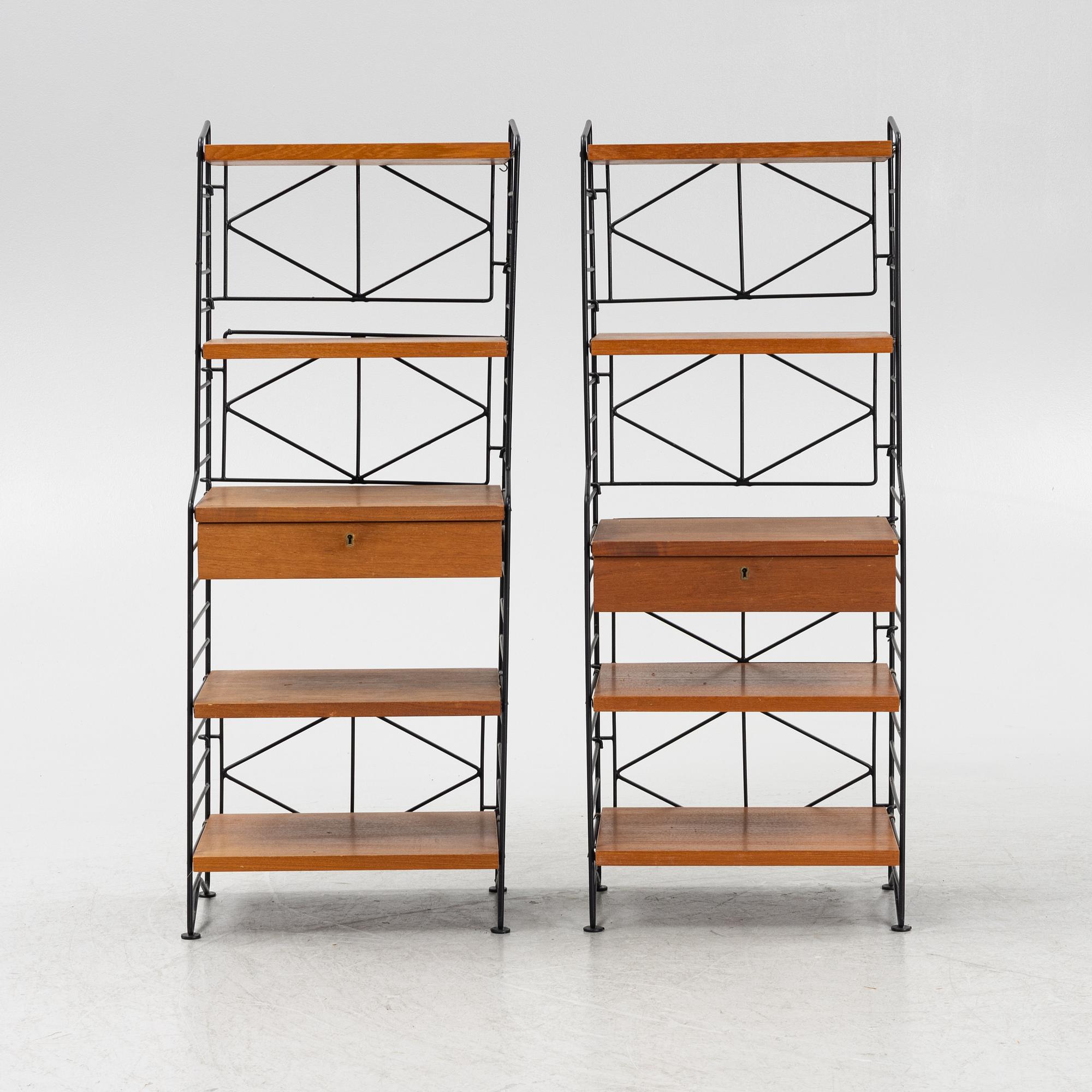 A pair of teak veneered bedside tables with shelves, Sweden, 1950's/60's.