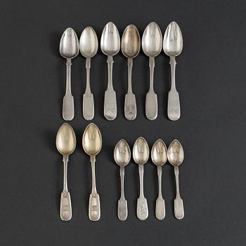 A mixed lot of twelve silver spoons, late 19th and early 20th century, Russia and Estland. 261 g.