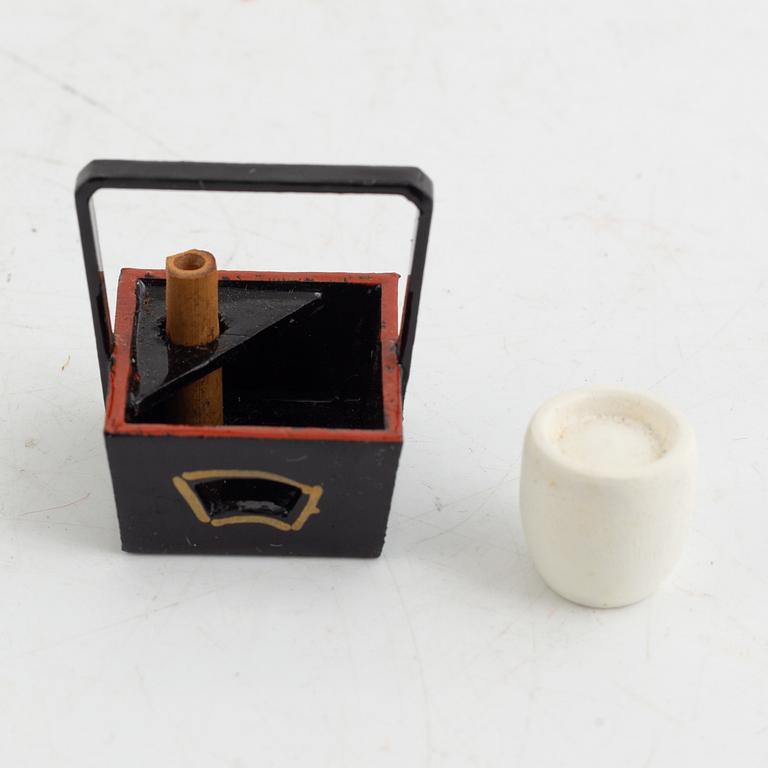 Doll, doll furniture, and table screen, Japan, wood, lacquer and paper, partly Showa, 20th century.