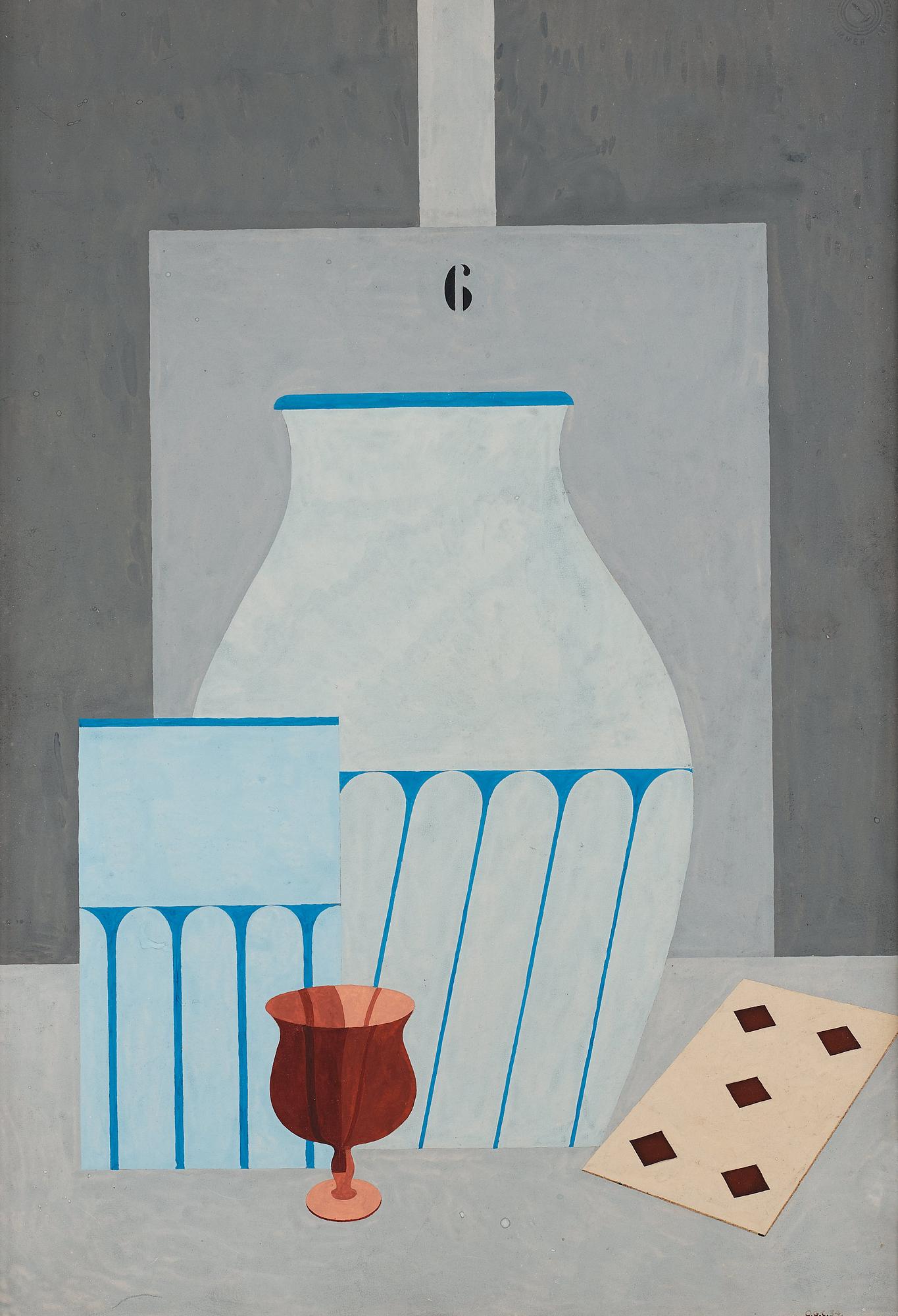 Otto G Carlsund, Still life with glass, vases and playing cards.