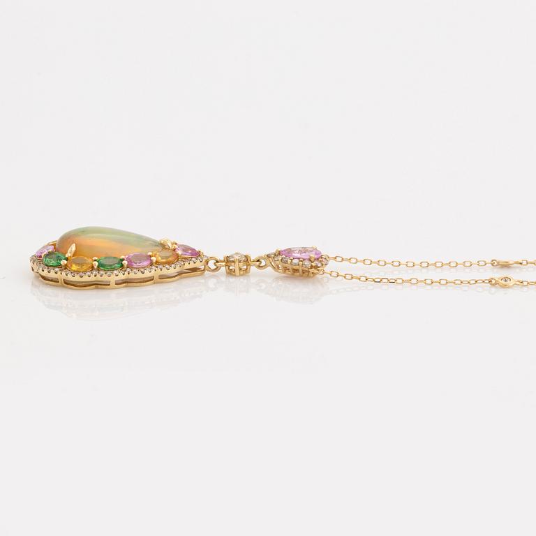 Opal, orange and pink sapphire, tsavorite and brilliant cut diamond necklace.