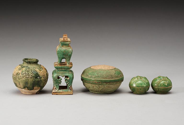 A group of five green glazed vessels, Ming dynasty, 17th Century.