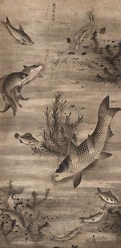 205. A large hanging scroll of fishes and shrimps, presumably Japanese in Chinese mounting, 19th Century.