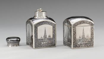 A SET OF RUSSIAN SILVER AND NIELLO TEA-CADDY AND SUGAR-BOX, makers mark of Pavel Ameriantiyev, Moscow 1899-1908.