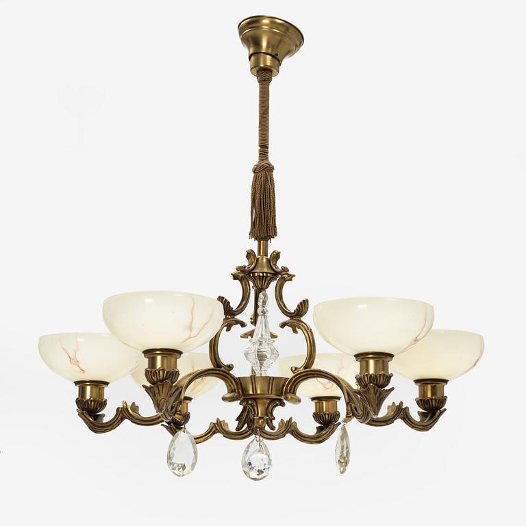 A glass and brass ceiling light, first half of the 20th Century.