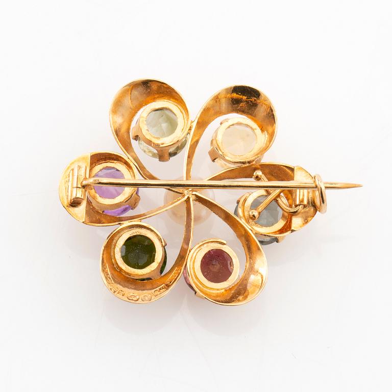Brooch with coloured gemstones 18K gold, Fryklund & Pålsson Stockholm 1963.
