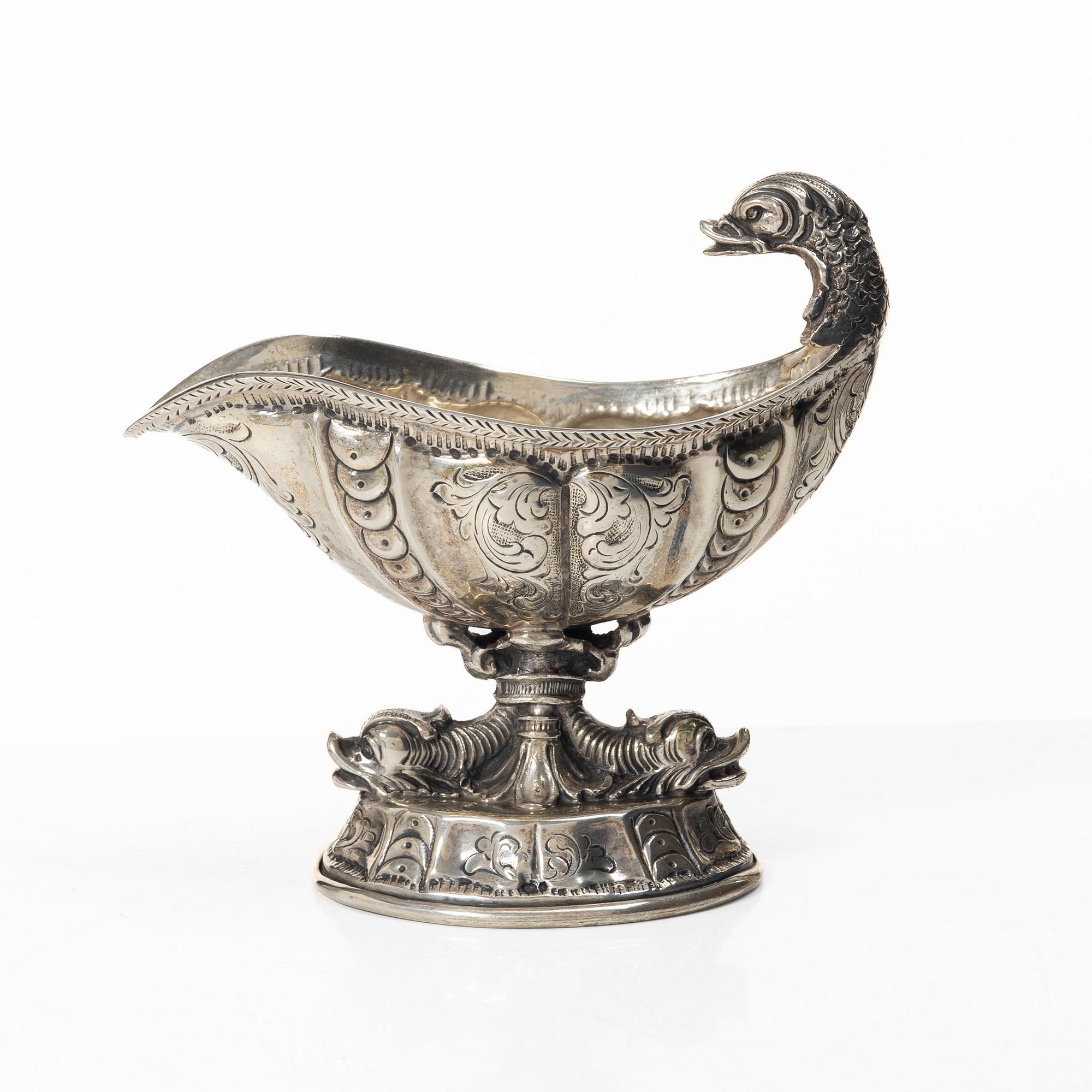 Sugar bowl, cream jug, tray, cup and miniature sugar tongs, silver, including William Mammatt & Son, Sheffield 1896.