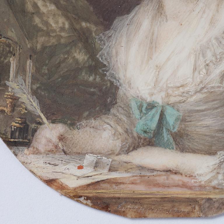Niclas Lafrensen d.y., Interior with a woman writing a letter at a desk.