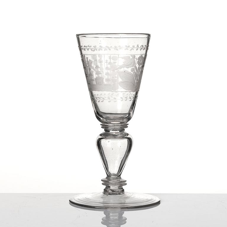A German engraved glass goblet, 18th Century.