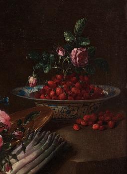 Bartolomeo del Bimbo (”Bimbi”) Hans krets, Stilleben med blommor, bär,  och sparris.