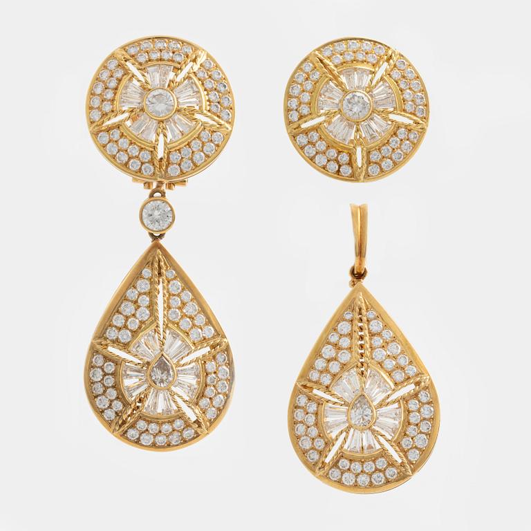 Ola Sellèn, Earrings and Pendant, Gold and Brilliant-cut Diamonds, 8.30ct. 1980s, with case.