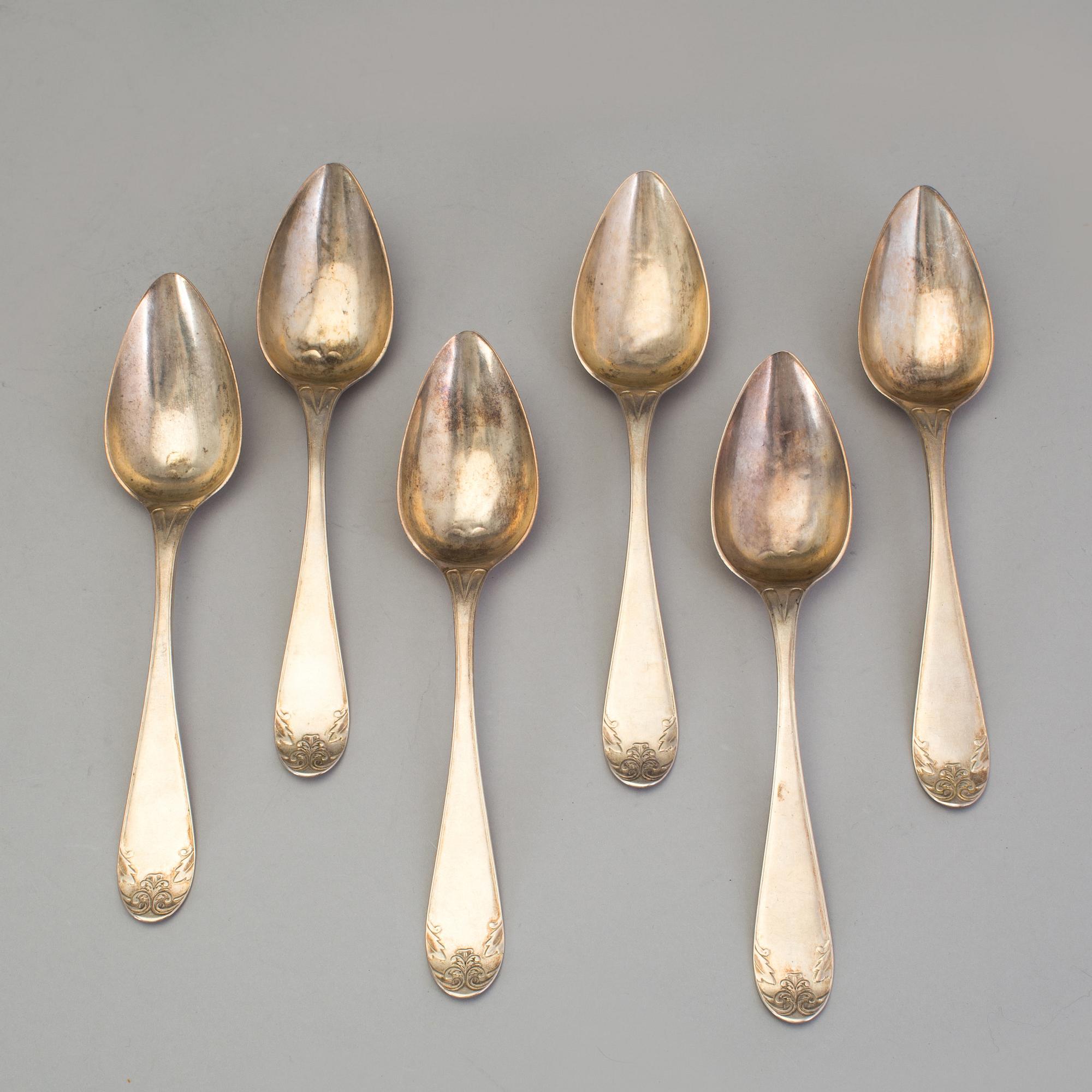 A set of six Swedish 19th century silver dinner-spoons, mark of Johan Carlssons widow, Norrkoping 1836.