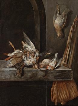 894. Jan Vonck Circle of, Still life with hunting rifle and birds.