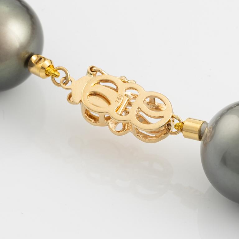 A cultured Tahiti pearl necklace with an 18K gold clasp.