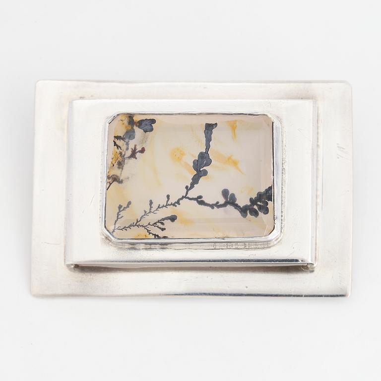 CECILIA JOHANSSON, a emerald cut moss agate brooch made in Göteborg 1986.