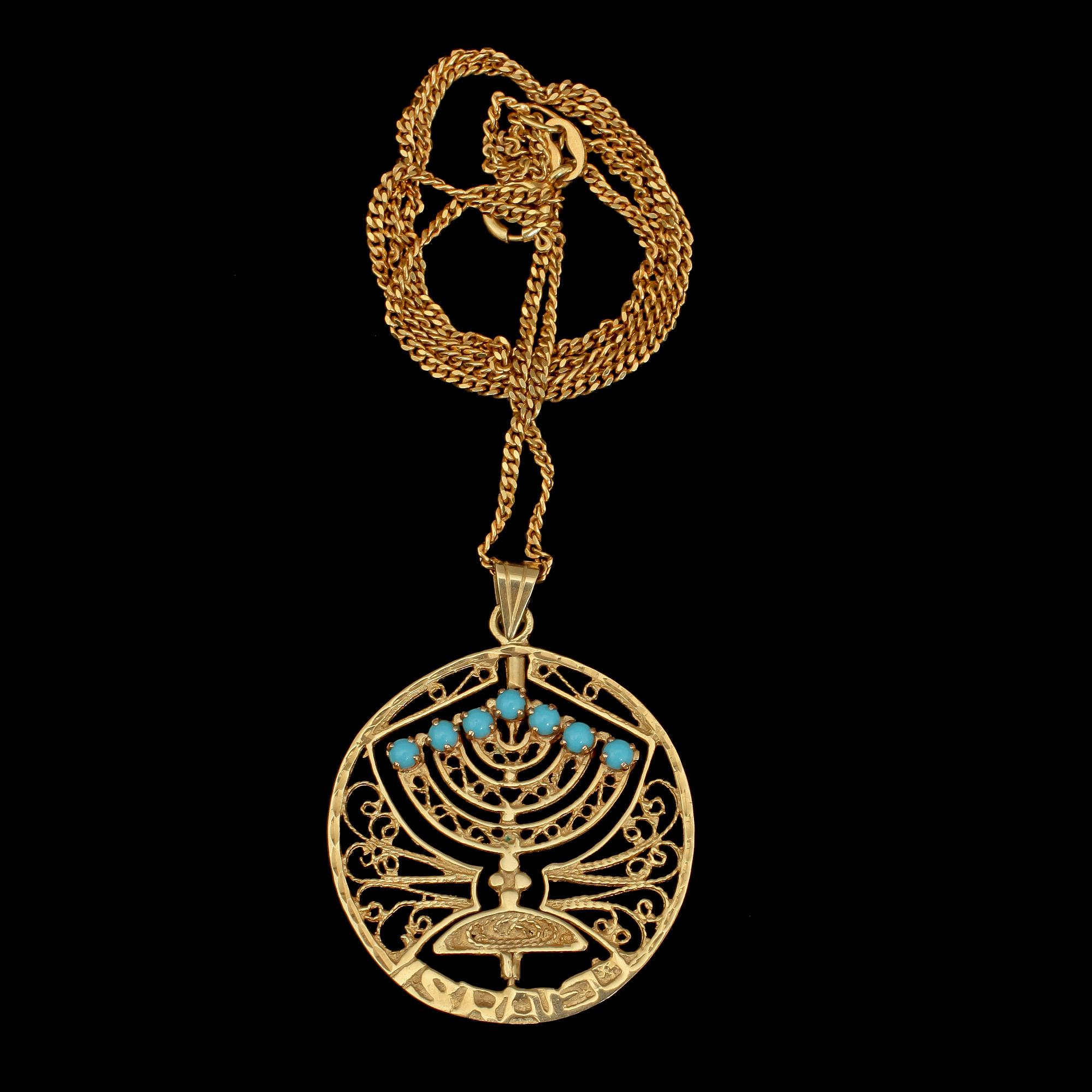 HÄNGE, 14k guld med 7 fasettslipade rosa safirer samt 7 turkoser med HALSBAND, förgyllt silver. Vikt 8 g.