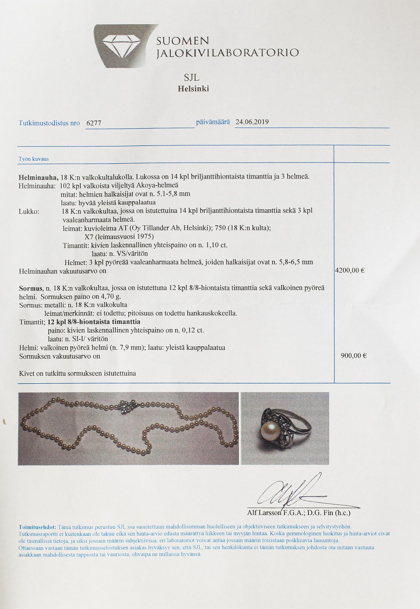 A Tillander, Pärlcollier, odlade akoyapärlor, 18K vitguld, briljantslipade diamanter ca 1.10. Helsingfors 1975.