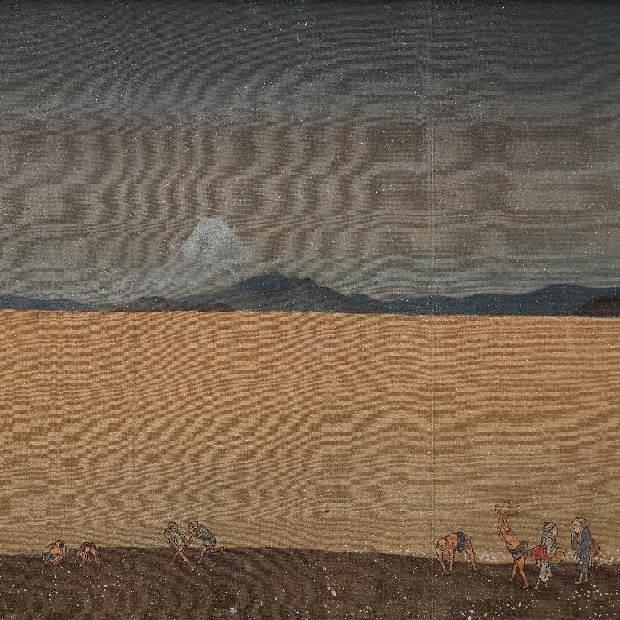 KATSUSHIKA HOKUSAI (1760–1849), efter, färgträsnitt på textil. Japan, "Shell Gathering", 1900-tal.