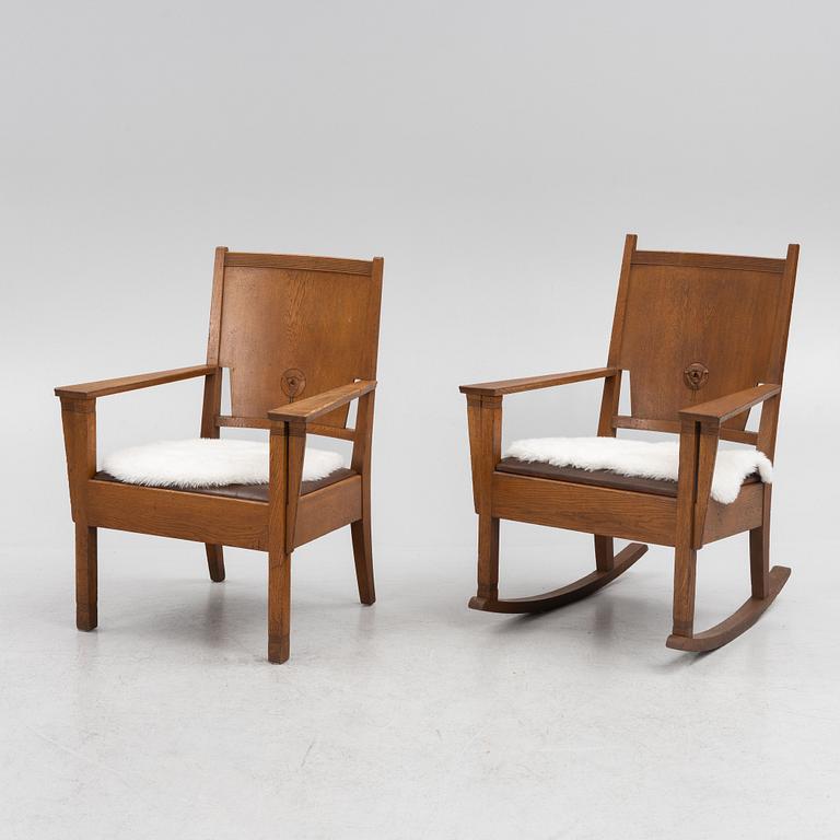 Nordiska Kompaniet, fåtölj samt gungstol, "Ringen", jugend, 1907.