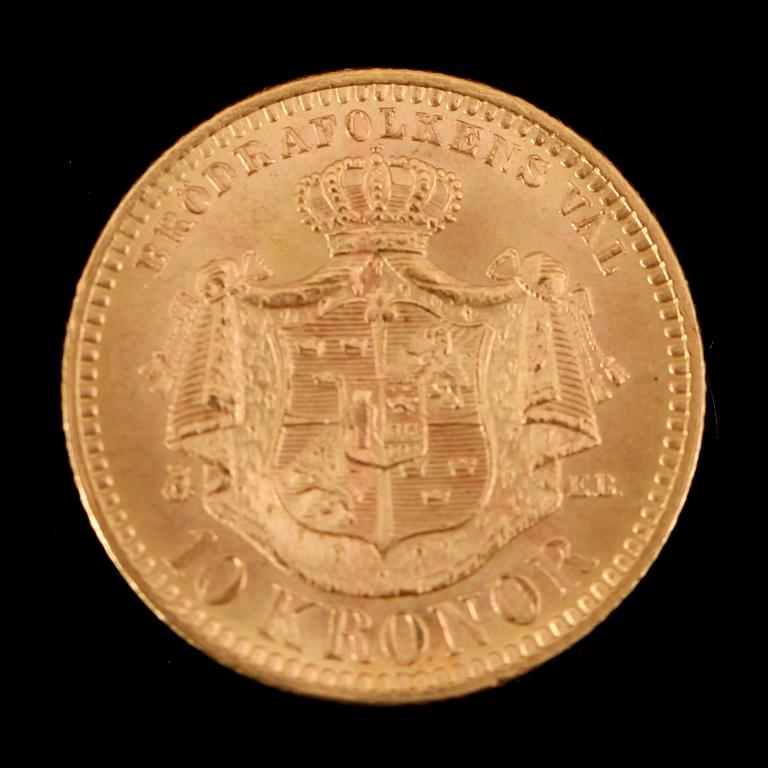 GULDMYNT, 10 kronor, Oscar II, 1901.  Vikt ca 5 gram.