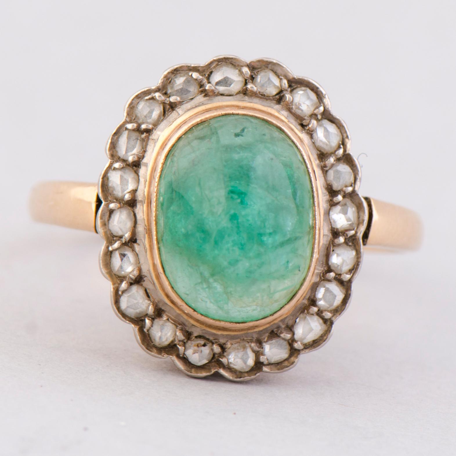 A RING, cabochon cut emerald, rose cut diamonds, 14K gold. Soviet.