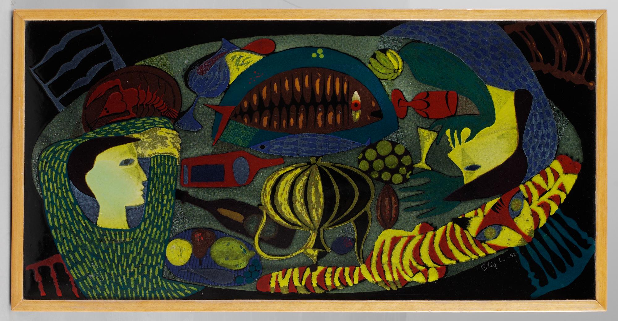 A Stig Lindberg enamel and birch sofa table, Gustavsberg, signed and dated 1952.