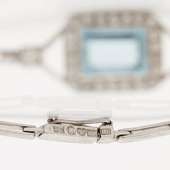 A step-cut aquamarine, old and single cut diamond bracelet.