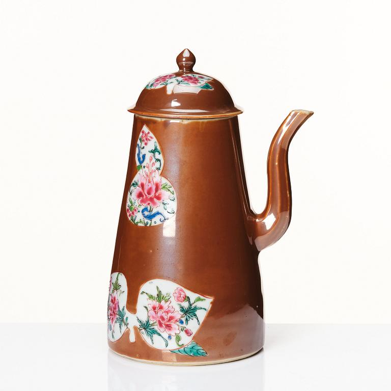 A cappuciner brown and famille rose coffee pot with cover, Qing dynasty, 18th Century.