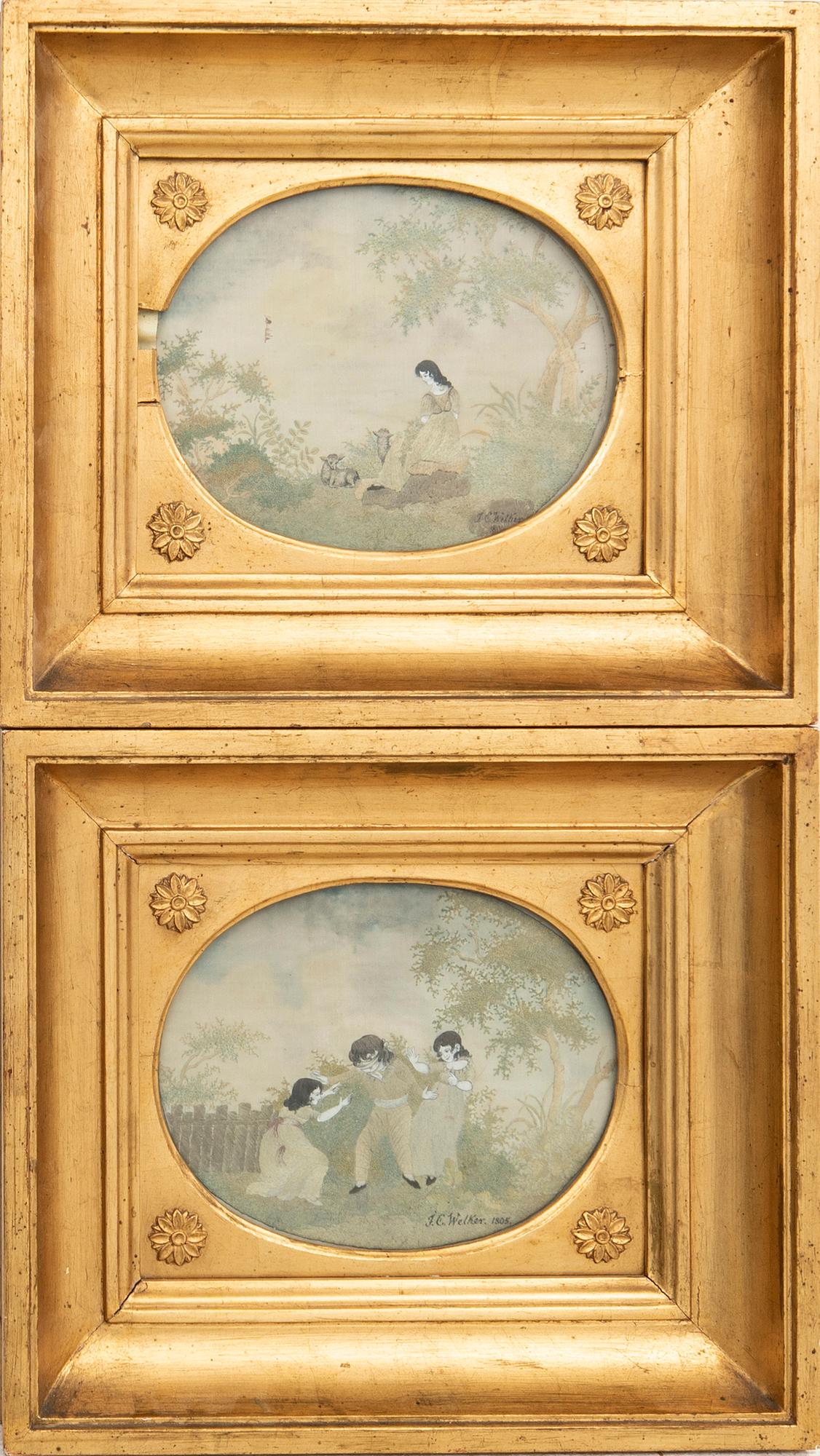 Embroidered pictures a pair of late Gustavian early 19th century.