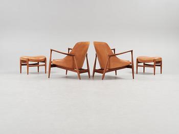 IB KOFOD LARSEN, fåtöljer, ett par med fotpallar, "Elisabeth", Christensen & Larsen, Danmark 1950-60-tal.