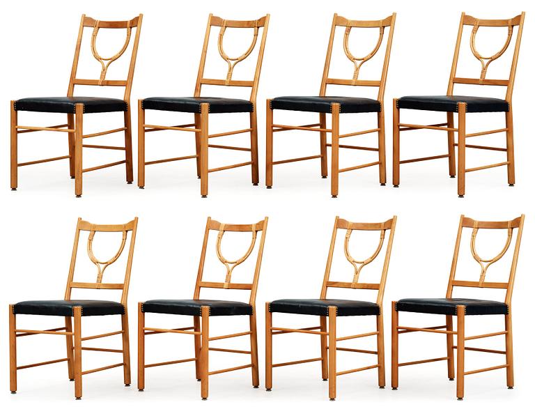 A set of eight mahogany, bamboo and black leather chairs, Svenskt Tenn.