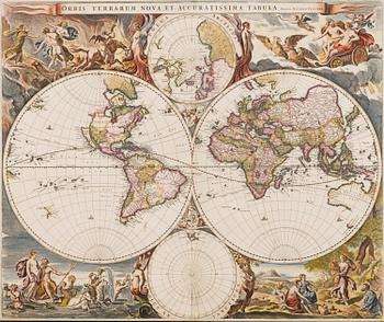 A MAP, Orbis Terrarum Nova et Accuratissima Tabula, Nicolaes Visscher I, 17th century. Map of the World, hand coloured, 47x56 cm.