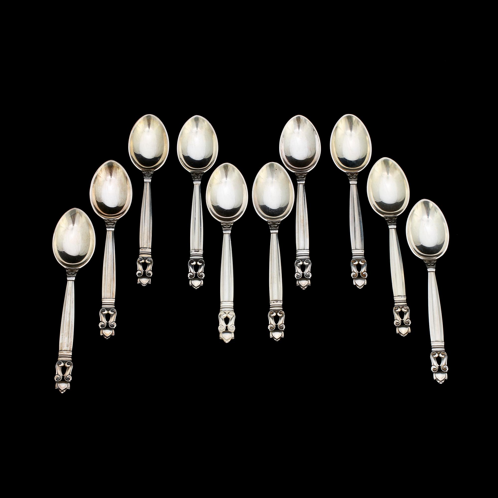 KAFFESKEDAR, silver, 10 st, "Konge", Johan Rohde, Georg Jensen. Vikt 149 g.