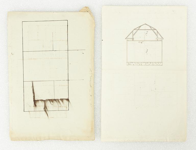 Ritningar till fasader, planer och inredningar, 11 st, 17/1800-tal. Bl a "Skjärning af Sängkammaren".