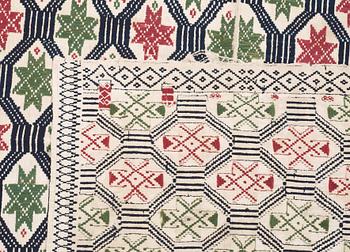 BED COVER, weft-patterned tabby type. "Star bed cover". 157 x 116,5 cm. Scania, Sweden, signed IID (?) and dated 1806 (9?). Probably Bara district.