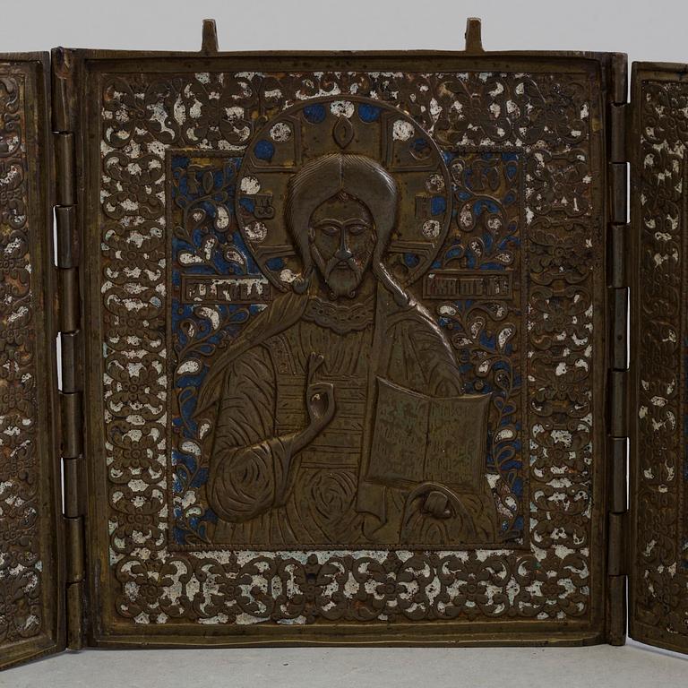 A RUSSIAN BRONZE TRIPTYCH ICON, 19th century.