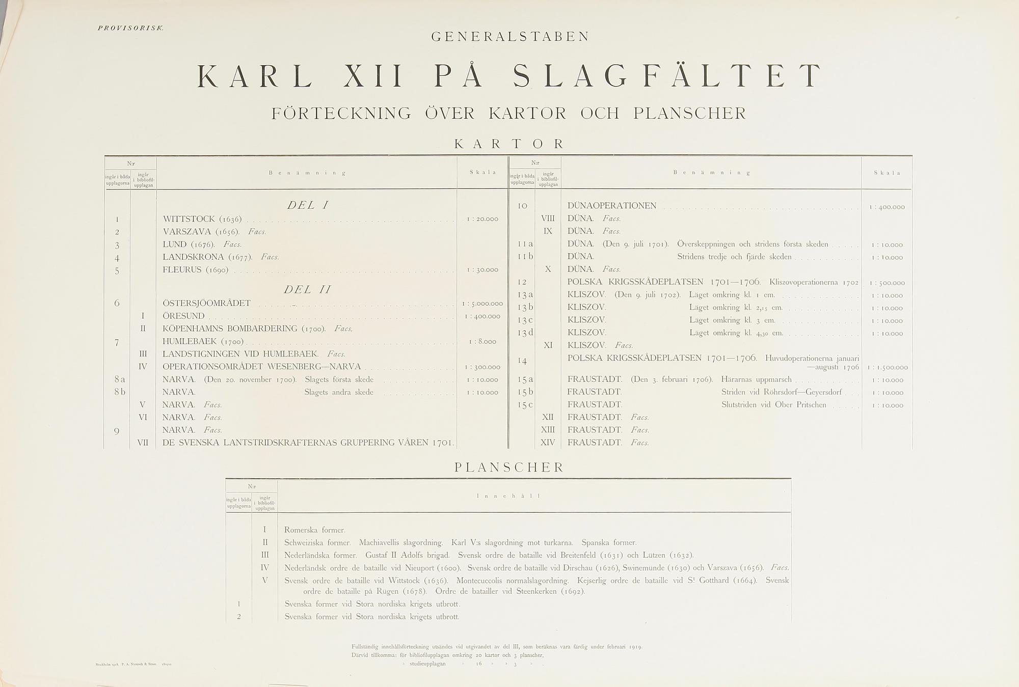 BÖCKER, 4 volymer SAMT KARTVERK, Karl XII på Slagfältet, Generalstaben, PA Norstedts & Söner, Stockholm 1919.