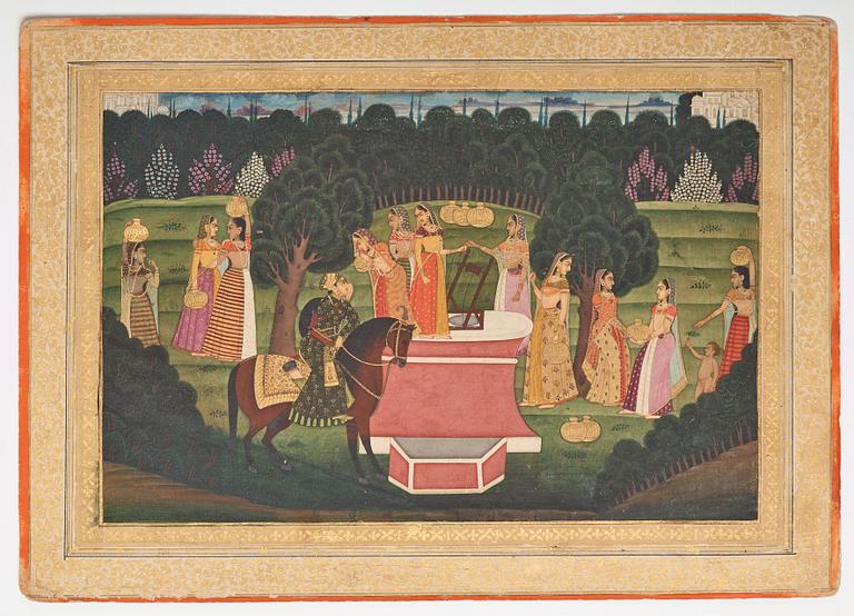 A painting of women in a garden around a well, ink and color on paper, India, 19th Century.