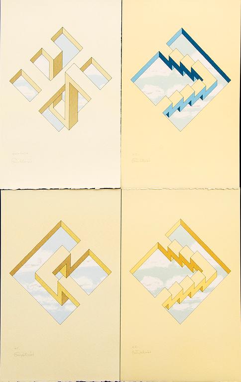Oscar Reutersvärd, four colour lithographs, signed HC and EA.