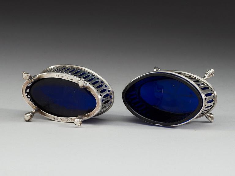 A pair of Swedish 18th century silver and glass salts, makers mark of Olof Yttraeus, Uppsala 1799.