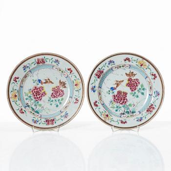 Two famille rose plates and a bowl, Qing dynasty, 18th century.