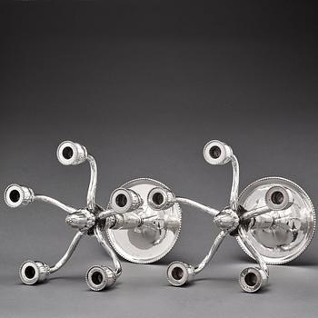 Georg Jensen, a pair of 830/1000 silver five light candelabra, Copenhagen 1920, design nr 200.