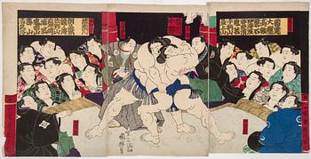 UTAGAWA KUNITERU (1830-1875), triptyk, färgträsnitt. Japan, 1800-tal. 'Sumo Brottare".