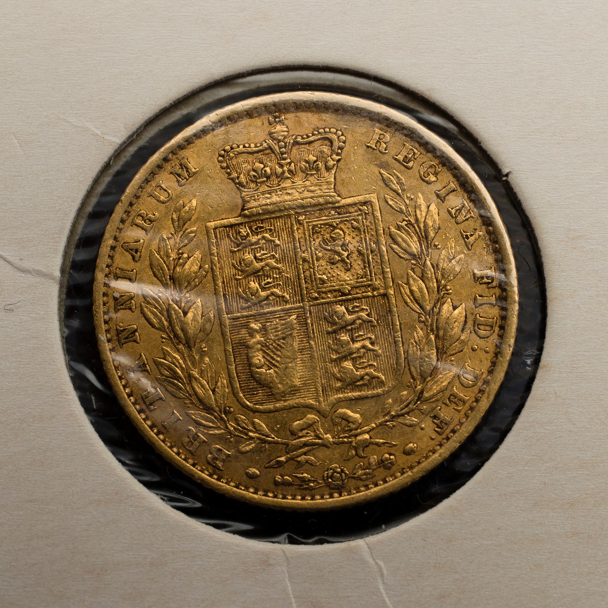 GULDMYNT, 2 st, Victoria Young Head Shield Sovereign-mynt, 1845 och 1862.