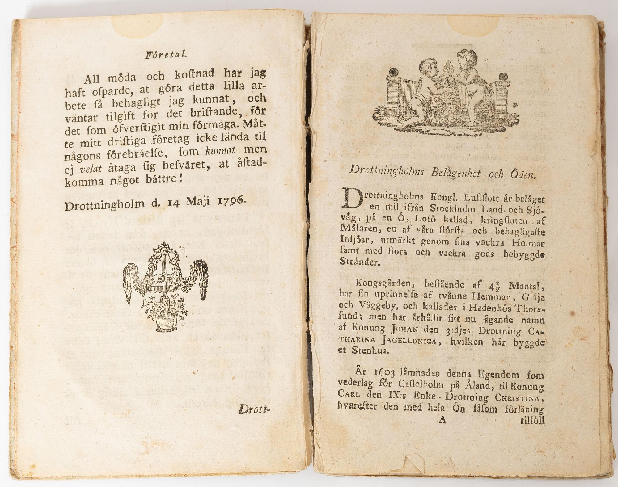 Samling äldre böcker, 8 st, mestadels om Drottningholm, 1700-1800-tal.