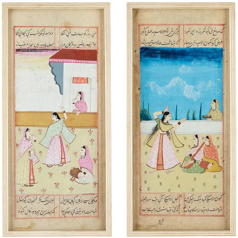 ALBUMBLAD, två stycken, färg och bläck på papper. Indien, 1800-tal.