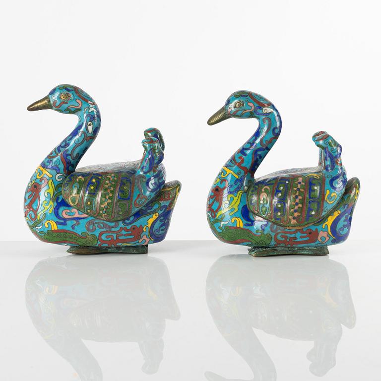 A pair of Chinese cloisonné censers of mandarin ducks, Late Qing dynasty/around 1900.