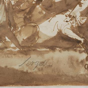 Johan Tobias Sergel, "Caricature Fru Grevinnan Ehrensvärd Insjunker i en sank Eng på Dymelstorp".